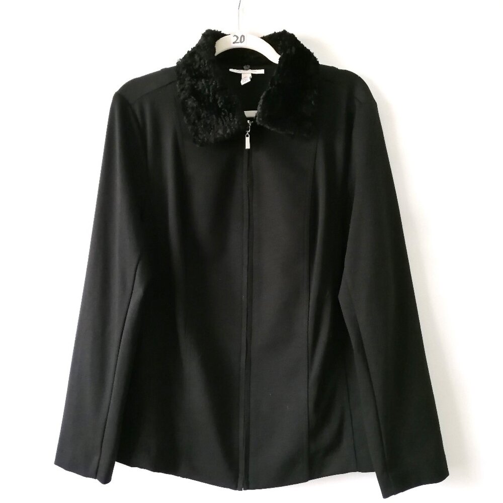 JM Collection Womens Black Long Sleeve Faux Fur Collared Full Zip Jacket Size L